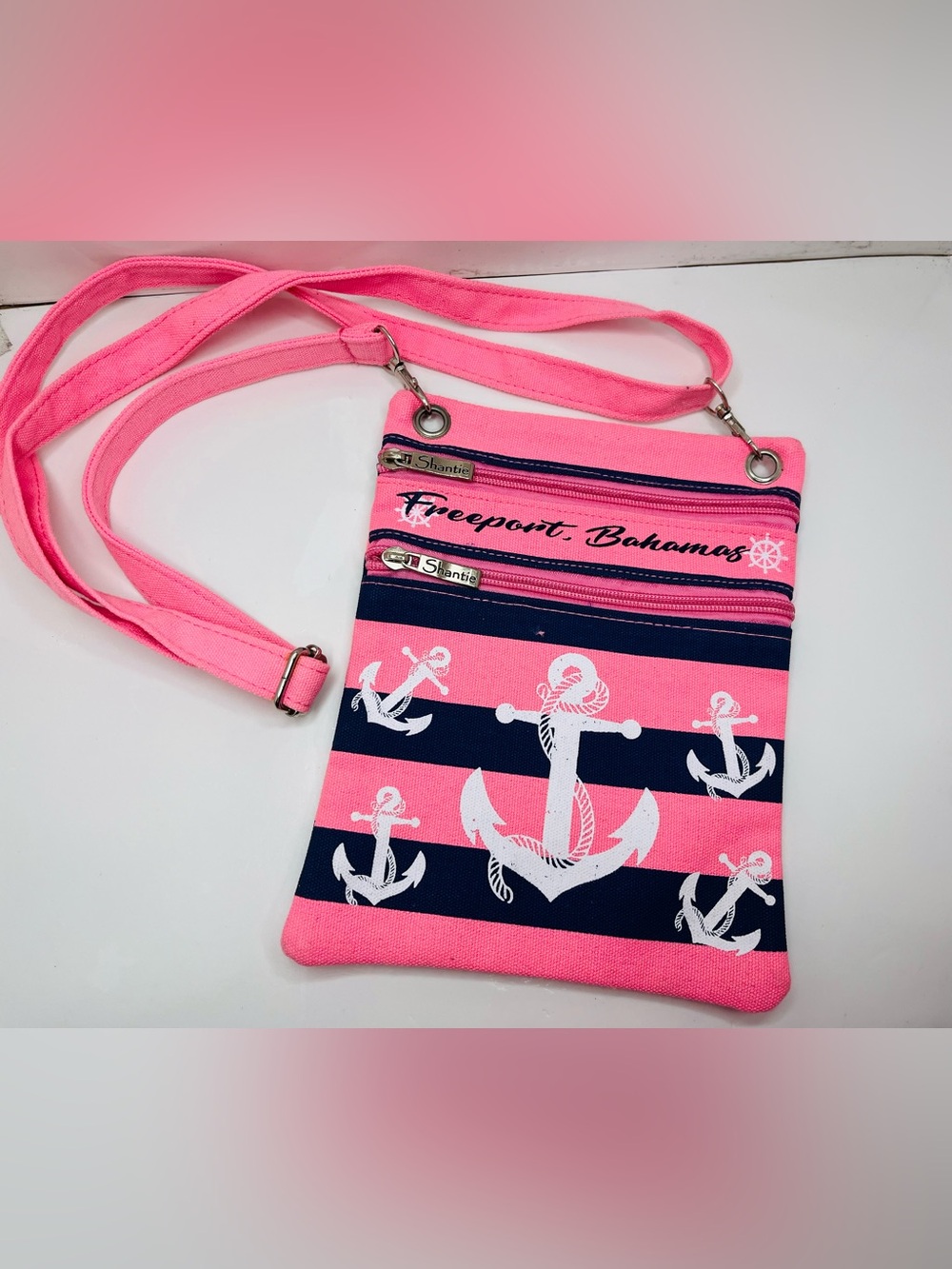 Freeport Bahamas Pink & Navy Anchor Crossbody Bag